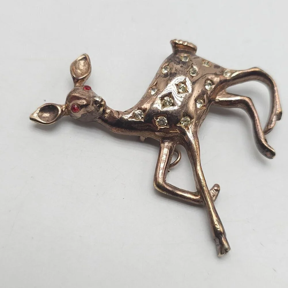 Vintage Copper Fawn Deer Brooch With Rhinestones Red Eyes LOOK AT ALL PICS